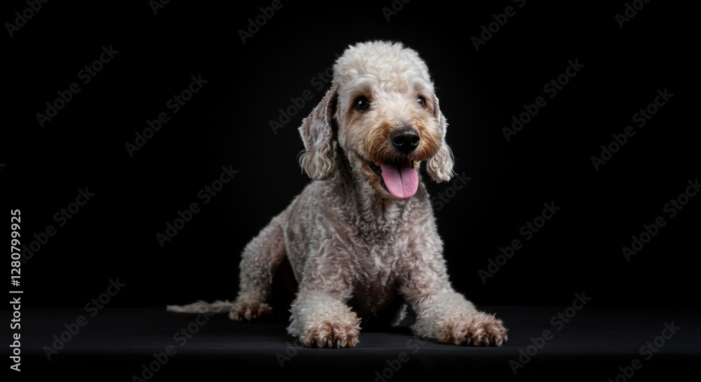 Happy bedlington terrier with curly fur lying on a dark surface, showcasing its joyful expression and playful demeanor Happy bedlington terrier with curly fur lying on a dark surface, showcasing its joyful expression and playful demeanor