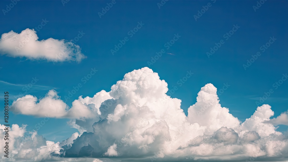 Vibrant azure sky background showcasing fluffy white cumulus clouds arranged prominently in the upper half of the image with clear sunlight. Vibrant azure sky background showcasing fluffy white cumulus clouds arranged prominently in the upper half of the image with clear sunlight.