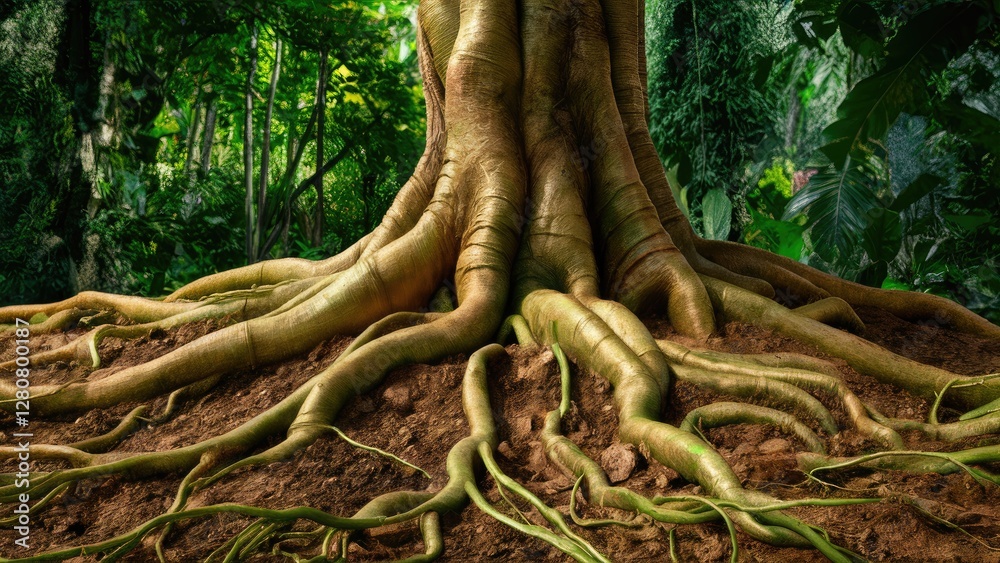 Majestic tree roots spread across rich brown soil surrounded by lush green foliage in a vibrant, sunlit rainforest setting. Majestic tree roots spread across rich brown soil surrounded by lush green foliage in a vibrant, sunlit rainforest setting.