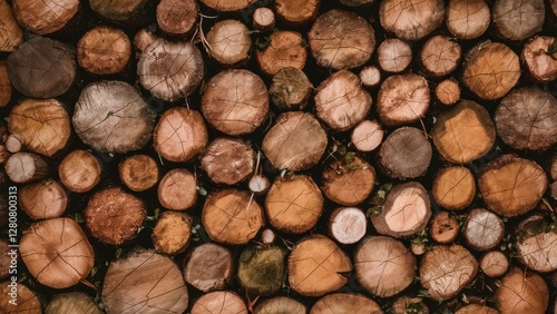 Warm-toned cross-sectioned tree logs arranged in a flat layout with varying shades of brown  including circular patterns and natural textures.