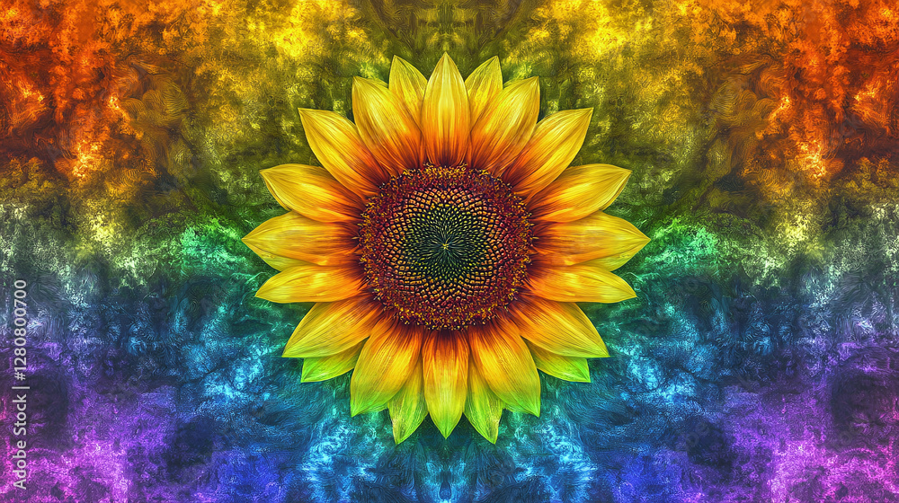 Radiant sunflower on a vibrant, colorful tie-dye background, a harmonious blend of nature and abstract art, radiating warmth and cheerfulness. Radiant sunflower on a vibrant, colorful tie-dye background, a harmonious blend of nature and abstract art, radiating warmth and cheerfulness.