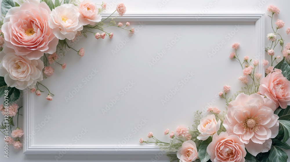 Soft pastel pink peony flowers framing a white tray for a calming delicate centerpiece display with floral charm for your home decor for Copyspace and Text Background Soft pastel pink peony flowers framing a white tray for a calming delicate centerpiece display with floral charm for your home decor for Copyspace and Text Background