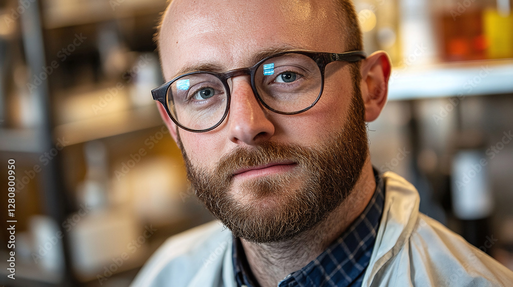 Close-up of a scientist with glasses and a beard, wearing a lab coat in a laboratory setting, focused and ready for research. Close-up of a scientist with glasses and a beard, wearing a lab coat in a laboratory setting, focused and ready for research.