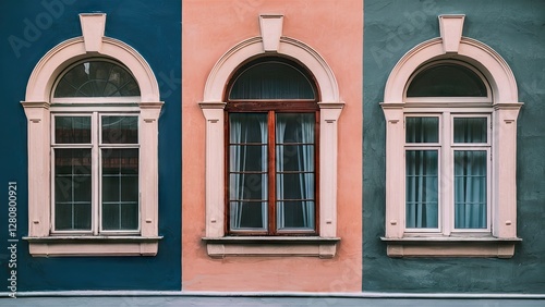 Architectural detail featuring three vintage windows in a colorful facade with blue  pink  and green wall sections showcasing intricate designs.