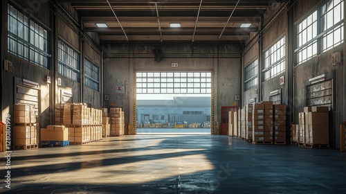 A spacious warehouse with sunlight streaming through large windows  filled with stacks of wooden pallets and a polished concrete floor.