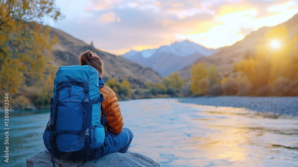 Fototapeta premium A serene traveler sits by a river, gazing at a stunning sunset over mountains, embodying the spirit of adventure and exploration. solo travel adventure experience self-discovery experience.