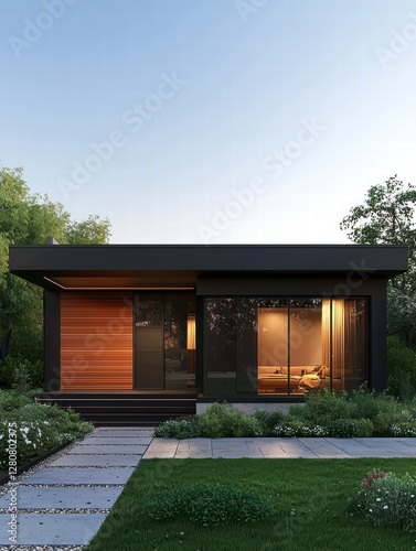 Modern Architectural Oasis  A sleek  contemporary home with clean lines and expansive windows is seamlessly integrated into a tranquil natural setting.
