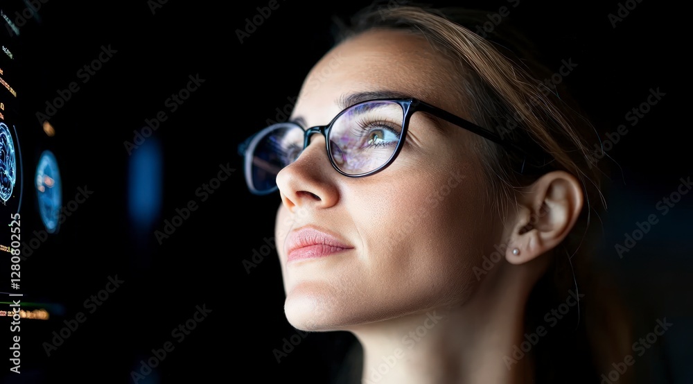 Fototapeta premium Woman Studying AI Brain Data on Screen Close up