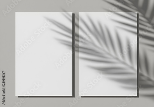 Two vertical sheets of textured white paper on a soft gray table background. A mockup overlay with plant shadows, where natural light casts exotic plant silhouettes. Horizontal composition.