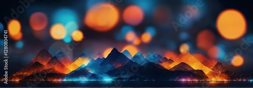 A surreal image of glowing mountains in orange, blue, and purple hues, with bokeh lights and reflections in water. Ideal for artistic decor or fantasy landscapes