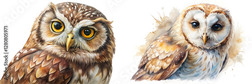 Realistic owl portraits, detailed watercolor style, nature illustration, wildlife art, educational use, animal lovers. photo