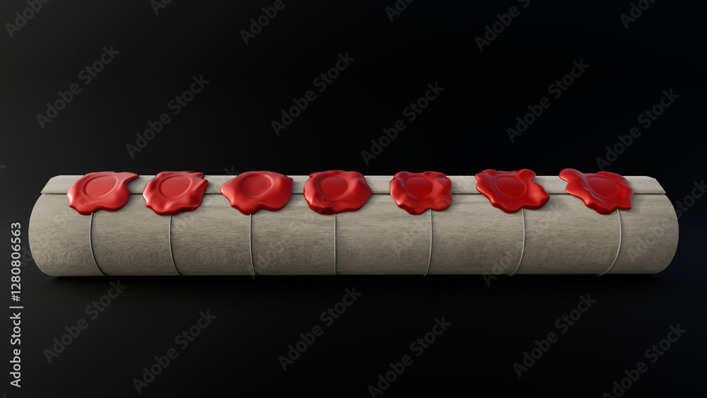 Αυτοκόλλητο A 3D rendering depicts a rolled parchment scroll sealed with seven bright red wax seals