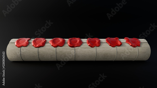 Принти на полотні A 3D rendering depicts a rolled parchment scroll sealed with seven bright red wax seals