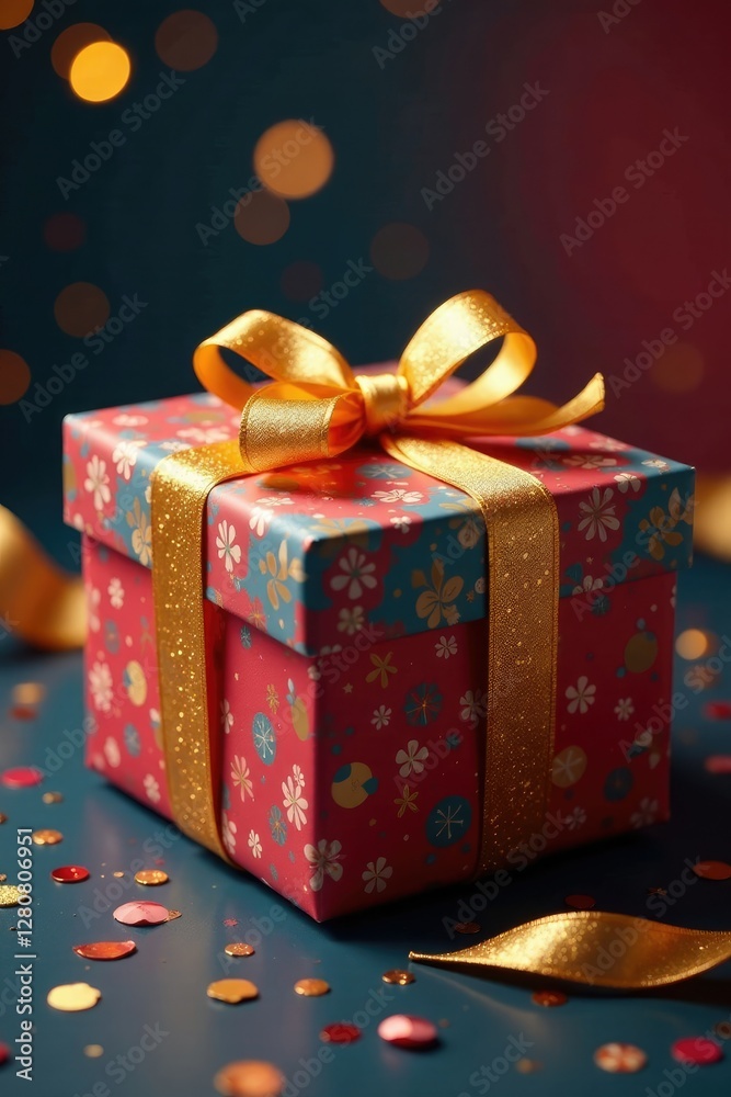 Glittery golden ribbon wrapped around a gift box, celebration, wrapping paper, gift box Glittery golden ribbon wrapped around a gift box, celebration, wrapping paper, gift box