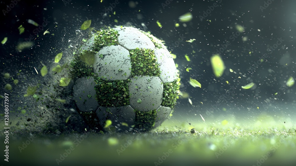 Fototapeta premium Green Soccer Ball Nature Sports Action Leaves Grass Field Energy Motion Blur Dy