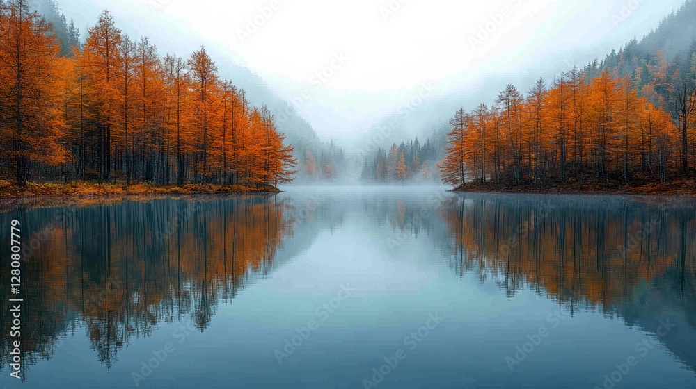 Obraz premium Misty autumn lake, orange trees, mountain reflection, serene landscape, travel poster