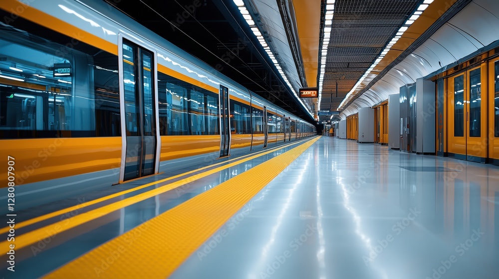 Fototapeta premium High-Speed Train Interior and Platform Perspective with Modern Design Elements and Bright Yellow Accents in the Station's Architecture