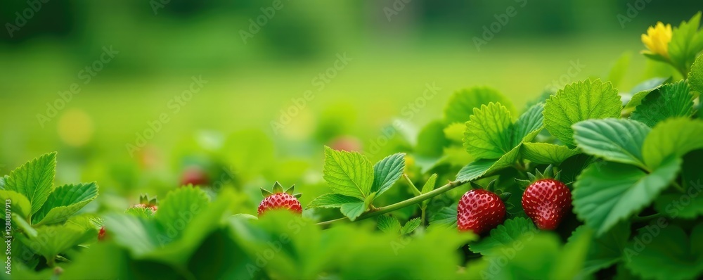 Green wild strawberry vines crawling across a lush meadow, field, flowers, greenery Green wild strawberry vines crawling across a lush meadow, field, flowers, greenery