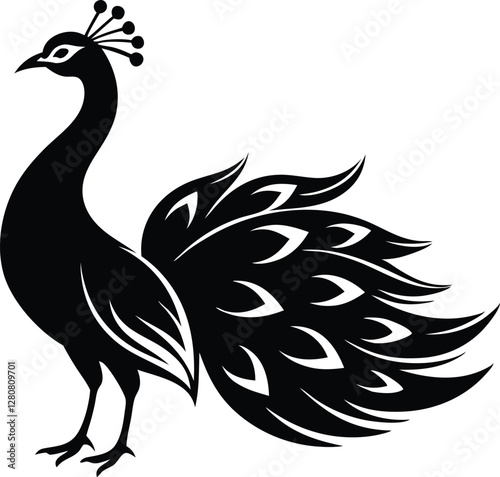 Elegant peacock silhouette with luxurious tail feather, peacock silhouette silhouette 