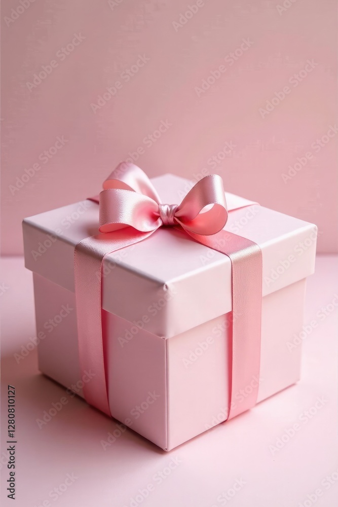 Fototapeta premium Pastel pink gift box with delicate floral arrangement, pink ribbon, elegant