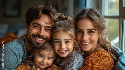 A joyful family of four, consisting of parents and two children, smiling together in a cozy indoor setting with warm lighting. They appear to be of European descent.