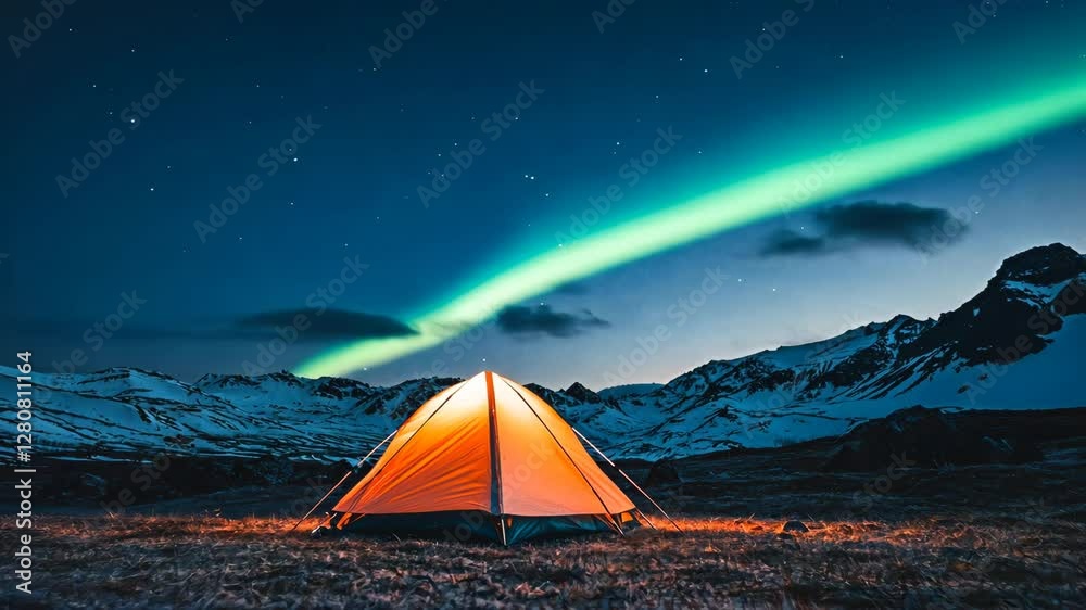 Glowing Tent Under Northern Lights and Aurora in Snowy Mountain Night Landscape Glowing Tent Under Northern Lights and Aurora in Snowy Mountain Night Landscape