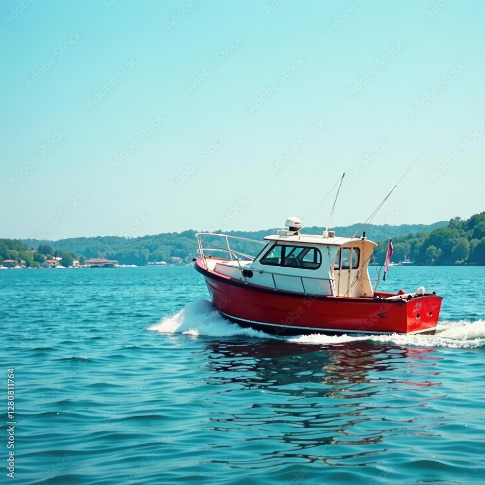 Red fishing boat bobbing in the gentle waves of a lake, landscape, harbor Red fishing boat bobbing in the gentle waves of a lake, landscape, harbor