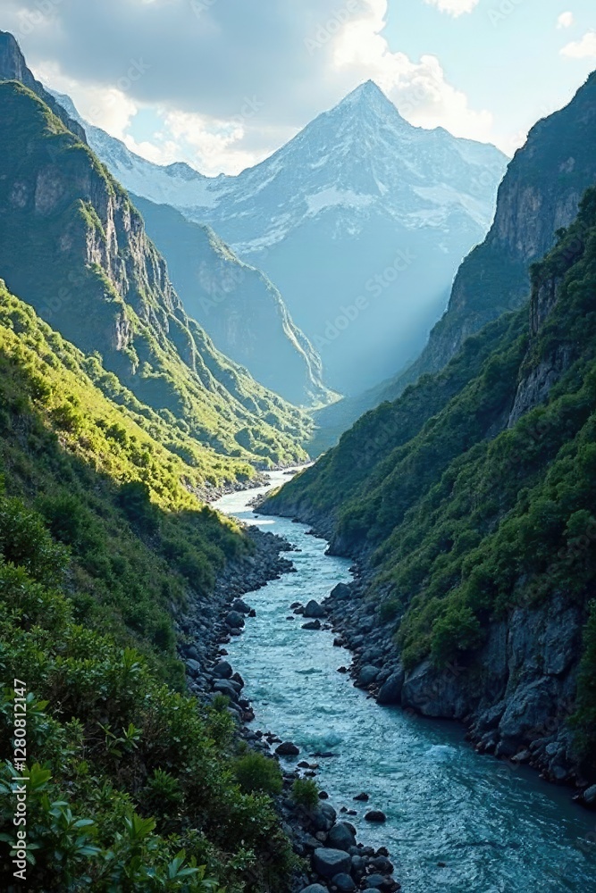 River flowing through a narrow mountain valley, valleys, nature, ruggedness River flowing through a narrow mountain valley, valleys, nature, ruggedness