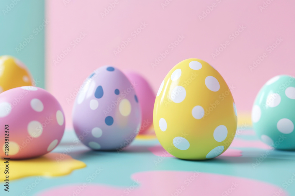 Fototapeta premium Easter eggs with pastel polka dots on a pink background, an Easter concept.