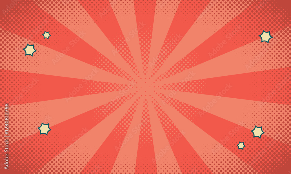 Comic or cartoon background in retro pop art style vector illustration with halftone dots, stars and rays of light.