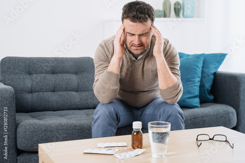 Obraz na plátne One man fighting cephalalgia with pills meds