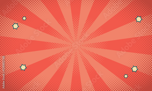 Comic or cartoon background in retro pop art style vector illustration with halftone dots, stars and rays of light.