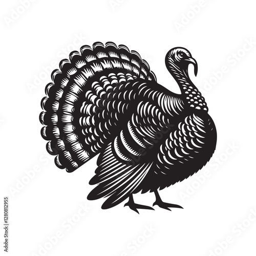 Turkey bird Silhouette Vector Illustration, Solid White Background.