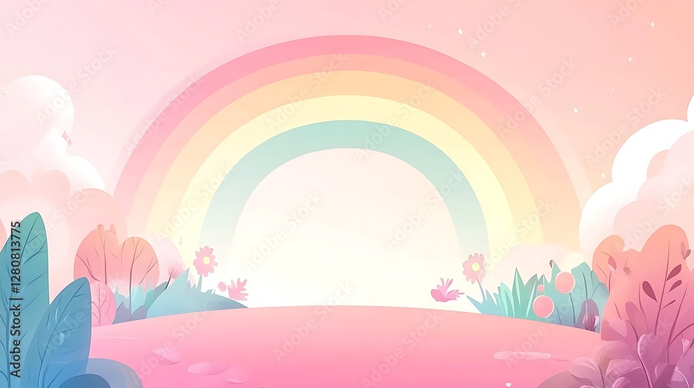 Pastel Rainbow Landscape with Soft Clouds and Flowers