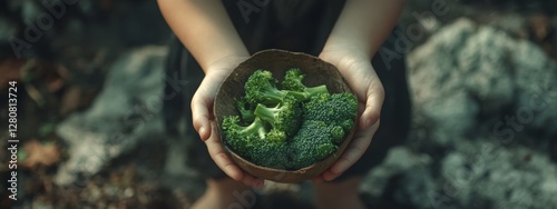 Child eats broccoli. selective focus. Generative AI,