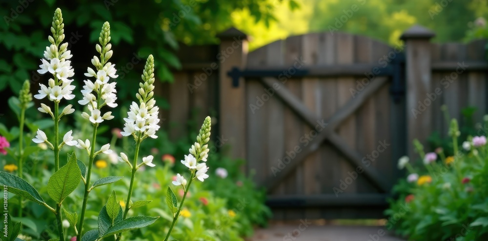 Saururus cernuus stems with white flowers against a wooden gate and fence, garden, gate, flowers Saururus cernuus stems with white flowers against a wooden gate and fence, garden, gate, flowers