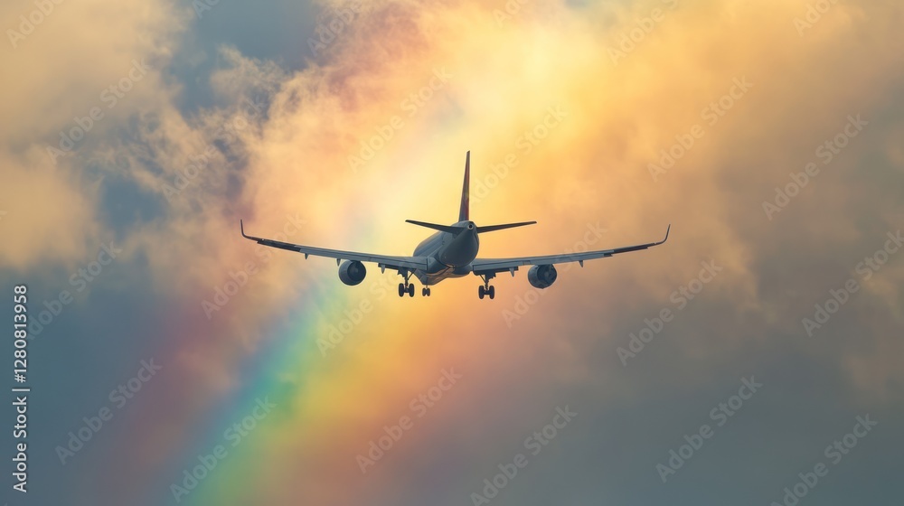 Airplane flies through a cloudy sky with a beautiful rainbow below with orange sunlight Airplane flies through a cloudy sky with a beautiful rainbow below with orange sunlight