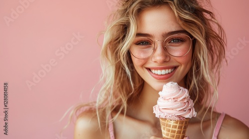 A young woman with blonde hair and glasses smiles brightly while holding a pink ice cream cone against a soft pink background.