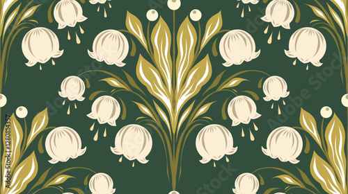 Vector seamless pattern with bouquets of lilies of the valley with tracery ornament. Texture with decorative ornate floral arrangement.