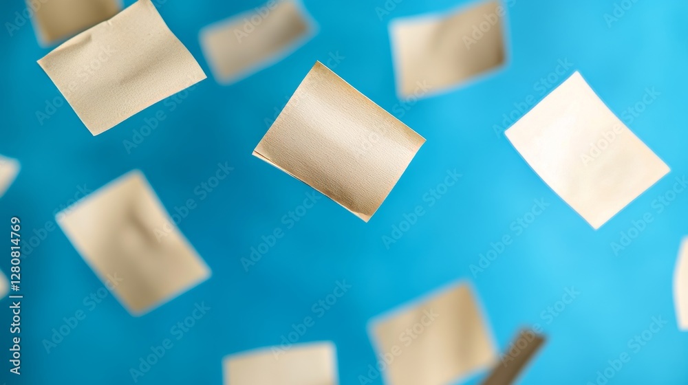 Close-up of floating empty white sticky notes suspended in mid-air, symbolizing ideas, creativity, brainstorming, and organization. Close-up of floating empty white sticky notes suspended in mid-air, symbolizing ideas, creativity, brainstorming, and organization.