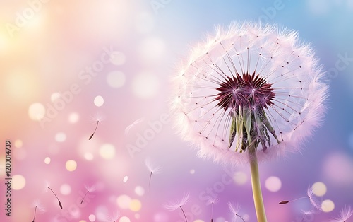 Beautiful dandelion in the wind, soft pastel colors,  artistic background. Possible use desktop wallpaper, social media post photo