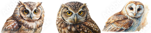 Realistic owl portraits, watercolor painting style, vibrant colors, wildlife art, nature illustration, artistic wildlife representation.