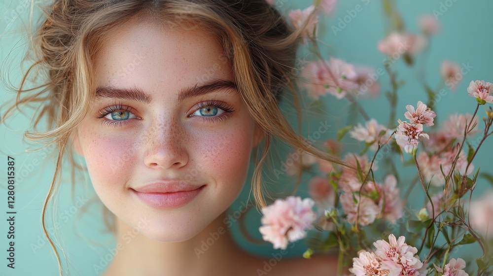 A young European girl with bright blue eyes and a radiant smile, holding flowers against a soft blue background, conveying joy and beauty. A young European girl with bright blue eyes and a radiant smile, holding flowers against a soft blue background, conveying joy and beauty.
