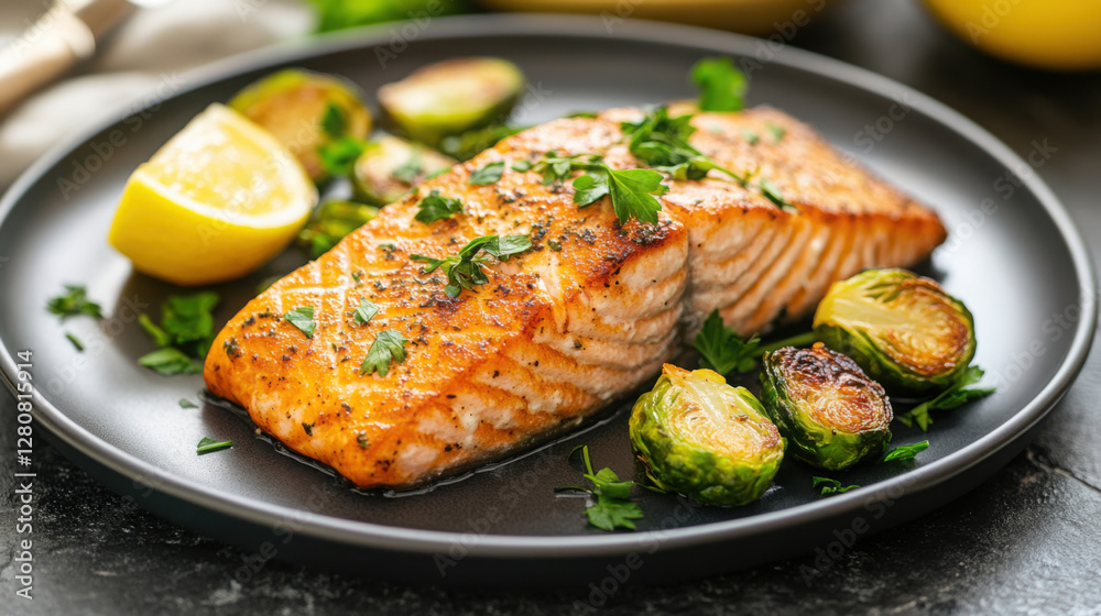 Herb crusted salmon with roasted brussels sprouts and lemon garnish for keto lunch or dinner Herb crusted salmon with roasted brussels sprouts and lemon garnish for keto lunch or dinner