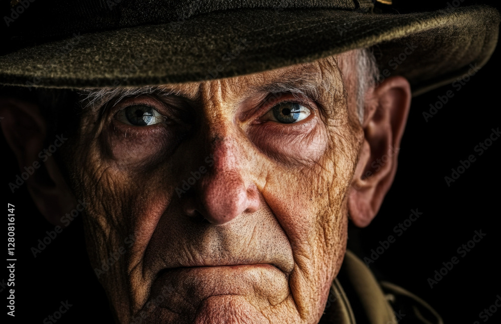 An elderly veteran of World War II stares intently with piercing blue eyes, his face reflecting the years and experiences of his past An elderly veteran of World War II stares intently with piercing blue eyes, his face reflecting the years and experiences of his past