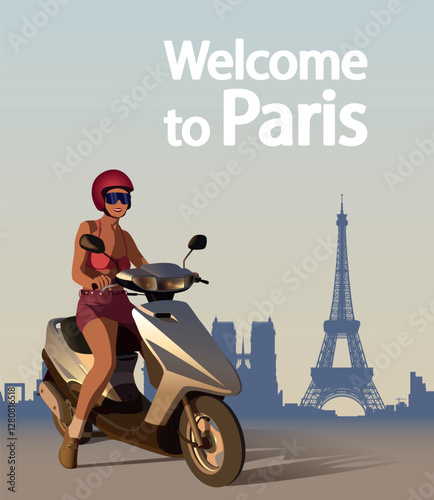 Girl on a moped rides through the streets of Paris. Vector.