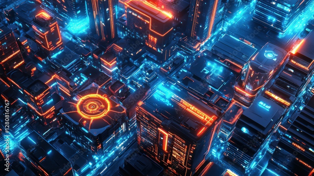 Aerial view of a futuristic cityscape illuminated with vibrant blue and orange lights at night Aerial view of a futuristic cityscape illuminated with vibrant blue and orange lights at night