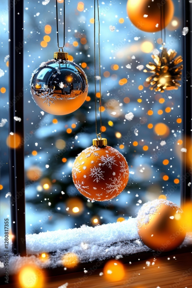 Christmas Ornaments on Snowy Windowsill with Blurry Lights Christmas Ornaments on Snowy Windowsill with Blurry Lights