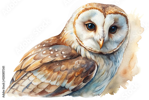 Realistic watercolor owl illustration, detailed feathers, nature art, wildlife portrait, educational use, decorative print.