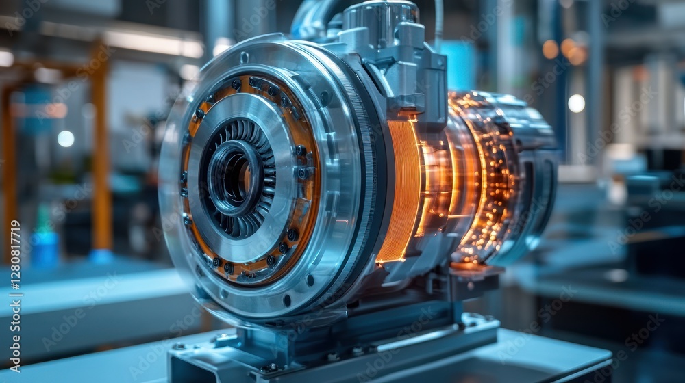 Close-up of a high-tech electric motor showcasing intricate components in a modern industrial setting Close-up of a high-tech electric motor showcasing intricate components in a modern industrial setting